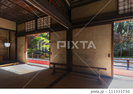 秋の京都　曼殊院　書院から眺める枯山水庭園 111333730