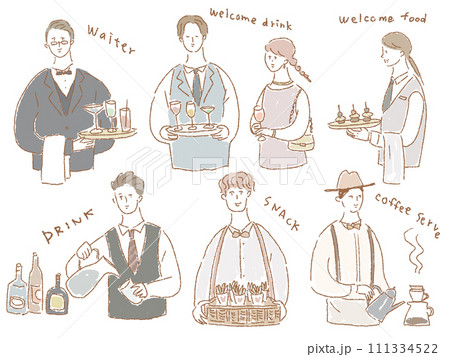 ウエディング、結婚式場、ホテルのスタッフ（ウエイター、バーテンダーなど）、線画 111334522