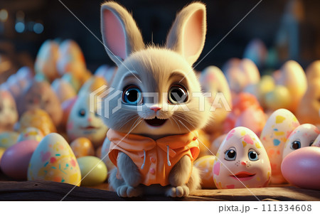 A lovable Easter Bunny surrounded by colorful Easter eggs, creating a joyful and festive atmosphere. Concept of Easter celebration and joy. Generative AI. 111334608