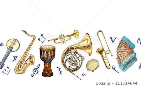 Watercolor drawn musical instruments isolated on white background. Seamless border for a music project. Hand drawn accordion, banjo, drums and horn. Trumpet painted. Design element for print Watercolor drawn musical instruments isolated on white background. Seamless border for a music project. Hand drawn accordion, banjo, drums and horn. Trumpet painted. Design element for print 111334644