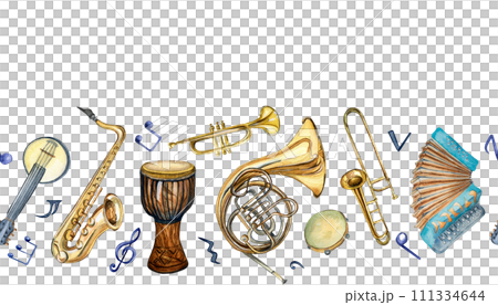 Watercolor drawn musical instruments isolated on white background. Seamless border for a music project. Hand drawn accordion, banjo, drums and horn. Trumpet painted. Design element for print Watercolor drawn musical instruments isolated on white background. Seamless border for a music project. Hand drawn accordion, banjo, drums and horn. Trumpet painted. Design element for print 111334644