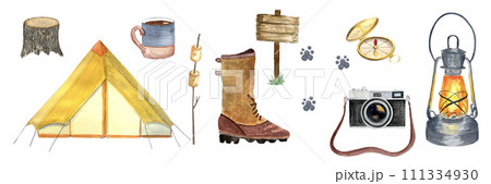 Watercolor camping hiking set isolated on white 111334930