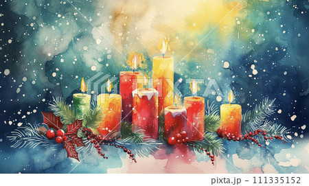 キラキラしたクリスマスの飾りとキャンドル AI画像 キラキラしたクリスマスの飾りとキャンドル AI画像 111335152