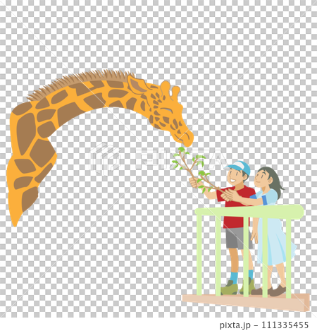 キリンに餌やりをする子供たちのイラスト キリンに餌やりをする子供たちのイラスト 111335455