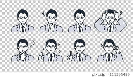 戴眼鏡的年輕人的臉部表情圖示插圖集素材 111335459