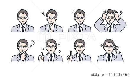 メガネをかけた若いビジネスマンの表情アイコンイラストセット素材 メガネをかけた若いビジネスマンの表情アイコンイラストセット素材 111335460