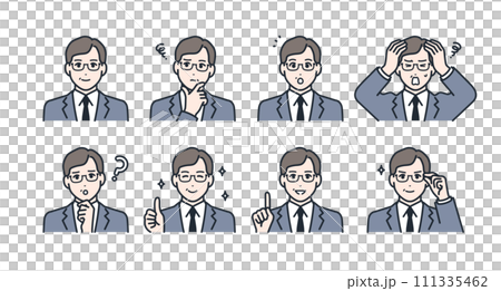 穿著西裝的中年男子的臉部表情圖示插畫集合素材 111335462