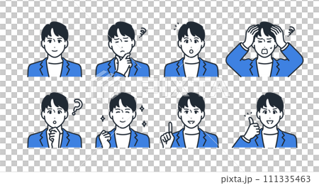 穿著休閒西裝的年輕人的臉部表情圖示插圖集素材 111335463