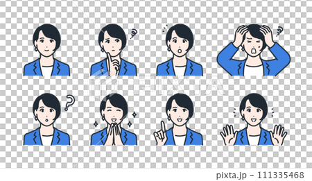 スーツを着た若い女性の表情アイコンイラストセット素材 111335468
