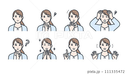 若いビジネスウーマンの表情アイコンイラストセット素材 111335472