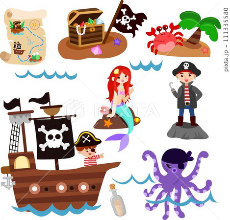 Pirates cartoon vector set  decorations for school  111335580
