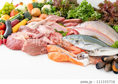 肉　魚　野菜　果物　集合　白バック 111335716