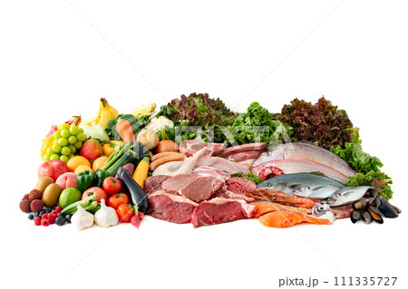 肉　魚　野菜　果物　集合　白バック 111335727