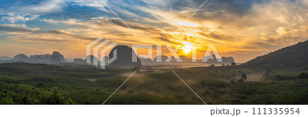Mountain sunrise view at Din Deang Doi viewpoint with tropical forest, Krabi Thailand nature landscape panorama Mountain sunrise view at Din Deang Doi viewpoint with tropical forest, Krabi Thailand nature landscape panorama 111335954