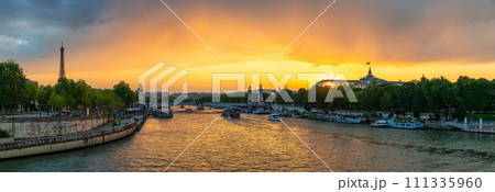 Paris France, panorama city skyline sunset at Seine River with Pont Alexandre III bridge and Grand Palais 111335960