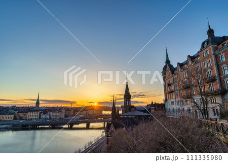 Stockholm Sweden, sunrise city skyline at Gamla Stan and Slussen Stockholm Sweden, sunrise city skyline at Gamla Stan and Slussen 111335980