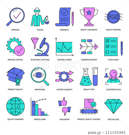 Quality control and management icon set. Quality control and management icon set. 111335991