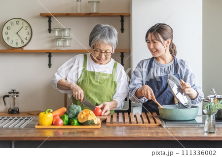 家のキッチンで一緒に料理・家事・自炊をする笑顔のアジア人高齢者女性と若い女性(家政婦・家事代行) 家のキッチンで一緒に料理・家事・自炊をする笑顔のアジア人高齢者女性と若い女性(家政婦・家事代行) 111336002