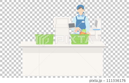 一名店員站在超市收銀台的插圖 一名店員站在超市收銀台的插圖 111336176