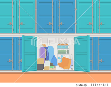 季節家電や衣類が収納されている屋外型トランクルームのイラスト 111336181