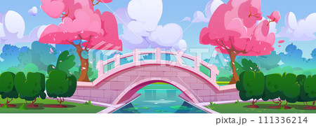 Sakura trees and stone bridge in spring park 111336214