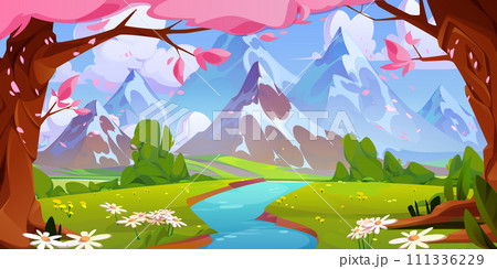 Spring mountain river landscape with sakura trees Spring mountain river landscape with sakura trees 111336229