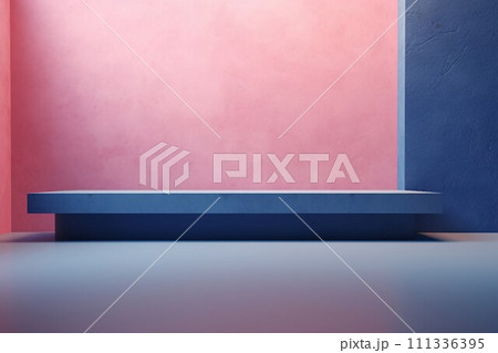 粘土素材のピンクと青の背景に四角い展示台がある抽象カラフルテンプレート。AI生成画像 粘土素材のピンクと青の背景に四角い展示台がある抽象カラフルテンプレート。AI生成画像 111336395