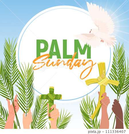 Palm Sunday welcome banner for the Christian holiday. People of different nationalities hold palm branches and leaf crosses. A white dove in the sky as the embodiment of the holy spirit. 111336407