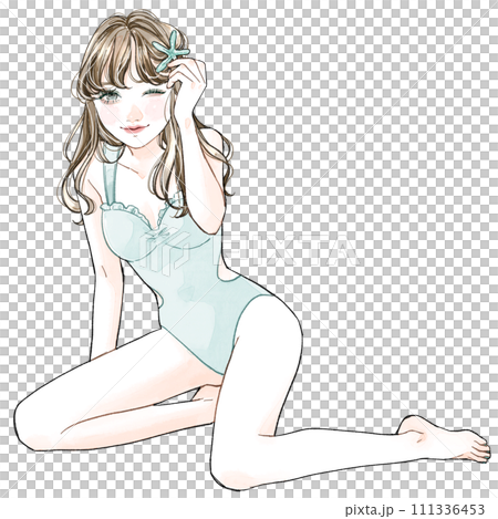 水着で座っている女性 111336453