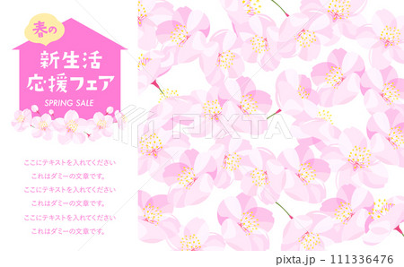 桜が描かれた春の新学期・新生活応援フェアのポップな横長タイトルフレーム_白 桜が描かれた春の新学期・新生活応援フェアのポップな横長タイトルフレーム_白 111336476