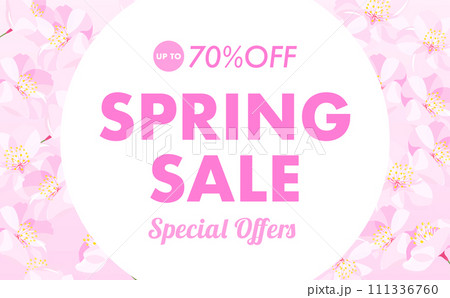 セール背景やタイトルに使えるシンプルおしゃれな満開の桜の花びらのコピースペースのある円形のフレーム 111336760