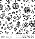 SIMPLE BIRDS MONOCHROME Cheerful Crow And Flowers In Folk Style Coloring Vector Finely Hand Drawn Vintage Sketch Nature Seamless Pattern Design Illustration 111337059