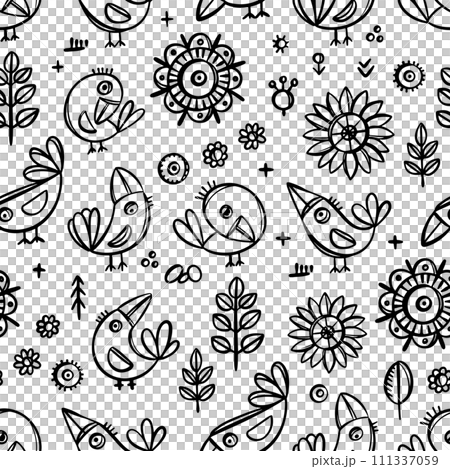 SIMPLE BIRDS MONOCHROME Cheerful Crow And Flowers In Folk Style Coloring Vector Finely Hand Drawn Vintage Sketch Nature Seamless Pattern Design Illustration 111337059