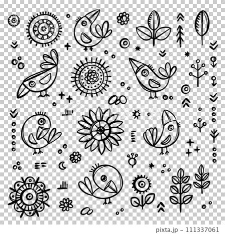 SIMPLE BIRDS Cheerful Crow And Flowers In Folk Style Coloring Monochrome Vector Finely Hand Drawn Vintage Sketch Nature Isolated Design Elements Illustration 111337061