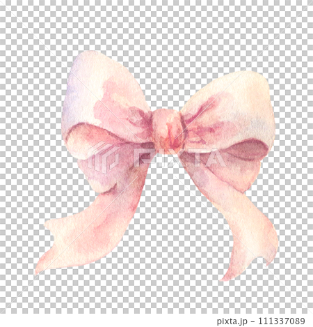 Watercolor delicate pink or peach fuzz Bow for gift. Hand drawn illustration of ribbon for present. Isolated element on white background. Sketch for birthday or Valentine's day design 111337089