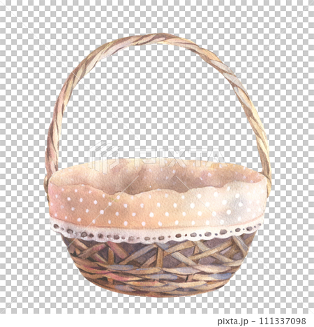 Wicker round Basket for Easter decor, picnic or home decor. Hand drawn watercolor illustration of empty traditional container on isolated background. Drawing of Vintage Rustic hamper. Wicker round Basket for Easter decor, picnic or home decor. Hand drawn watercolor illustration of empty traditional container on isolated background. Drawing of Vintage Rustic hamper. 111337098