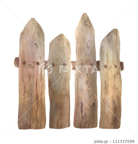Wooden fence isolated on a white background. Gardening watercolor illustration. Timber wooden fence element. Hand drawn vintage style rustic farm, garden, park border. 111337099