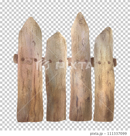 Wooden fence isolated on a white background. Gardening watercolor illustration. Timber wooden fence element. Hand drawn vintage style rustic farm, garden, park border. 111337099
