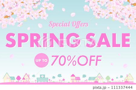 桜と街並み・青空が描かれた余白・コピースペースのあるシンプルな春の風景背景フレーム素材 111337444