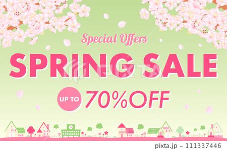 桜と街並み・風景が描かれた余白・コピースペースのあるシンプルな春の黄緑のセール背景フレーム素材 111337446