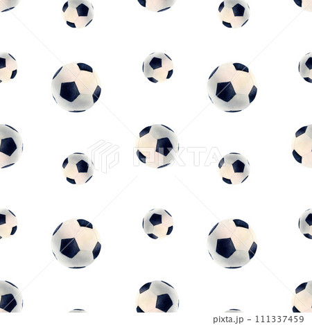 Soccer football pattern watercolor drawing. Seamless sports gear train team. Leather pentagon on white background. Athlete training player footballer stadium. Circle international challenge. Play win 111337459