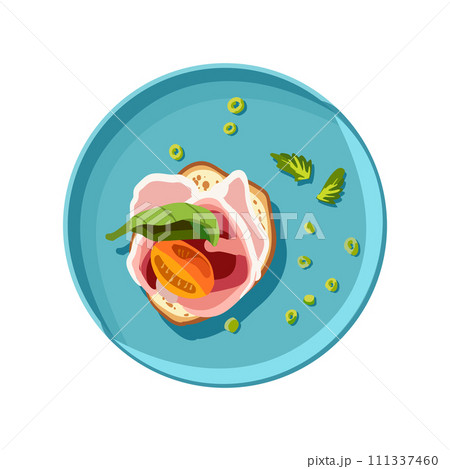 Appetizing bruschetta with smoked meat and tomato on a turquoise plate. Sliced vegetables on toast. Healthy food. Self care. Vector illustration 111337460