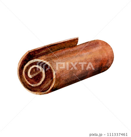 Chocolate roll spiral volute watercolor drawing. Sweet cocoa sugar treat tube. Confection cake decoration. Straw dessert isolated on white background. Dark bittersweet aquarelle delisious spring helix 111337461