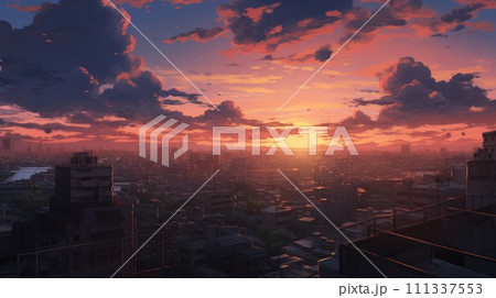 Beautiful city landscape background. Cartoon summer sunset with clouds. Anime style 111337553