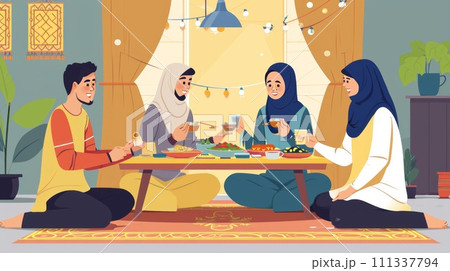 Arabian family eating iftar in Ramadan. Break fasting during Ramadan. 111337794