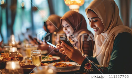 Arabian family eating iftar in Ramadan. Break fasting during Ramadan. 111337796