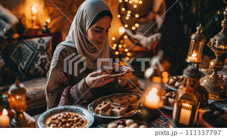 Beautiful middle eastern woman wearing abaya take photo. Islam religious concept. 111337797
