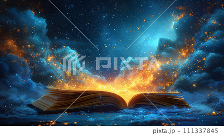 【AI生成画像・AIイラスト】星屑の背景と開かれた本 111337845