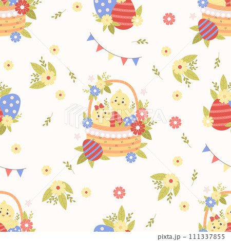Seamless pattern with little cute chicks in Easter basket with eggs and flowers on white background. Vector illustration for paschal design, wallpaper, packaging, textile. Kids collection 111337855