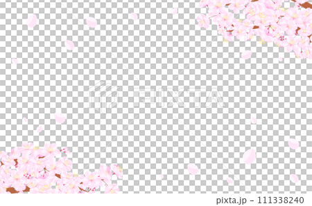 A spring frame material with a blank space depicting a simple cherry blossom tree, branches, and a snowstorm of cherry blossoms in full bloom that can be used for backgrounds, titles, and headings. 111338240